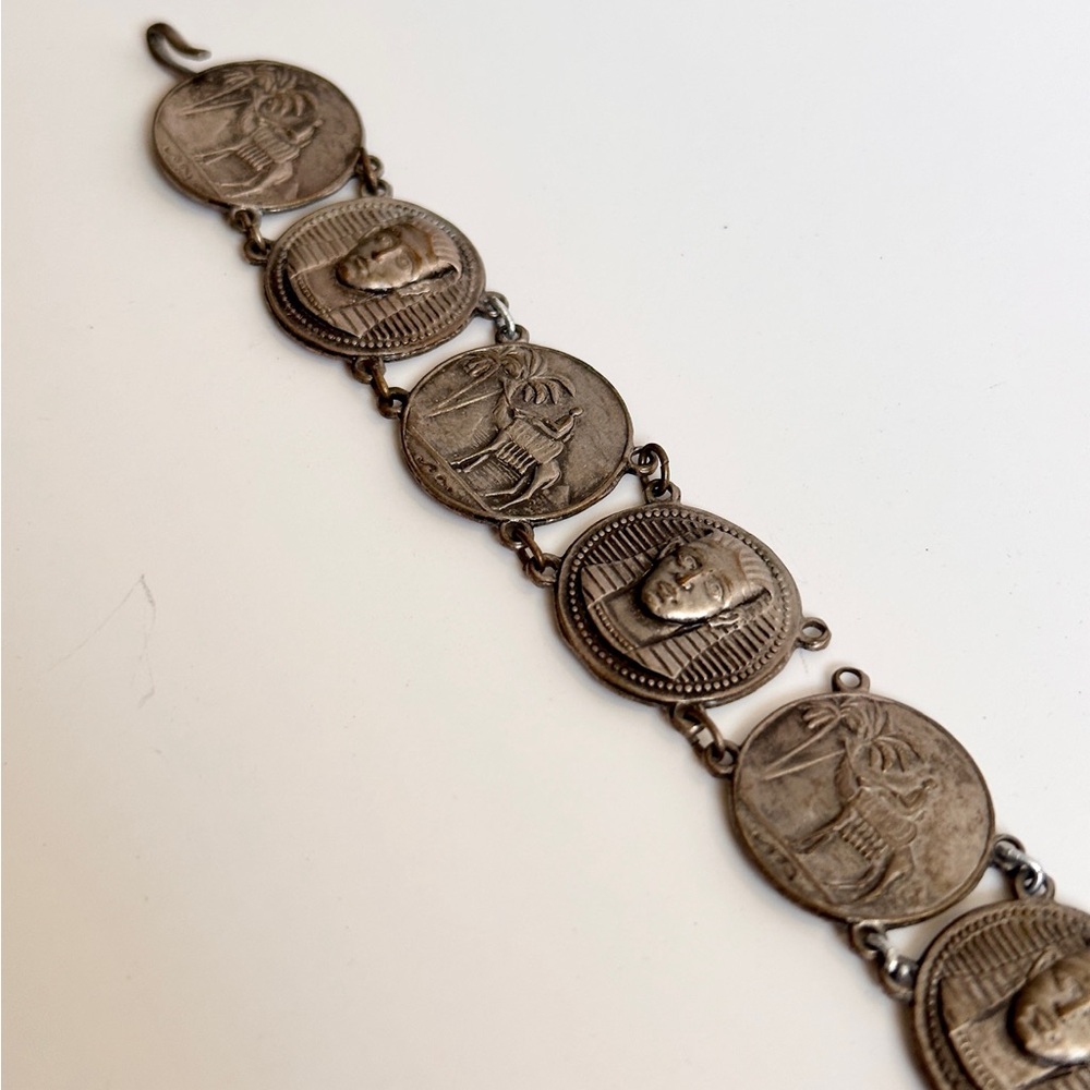 Vintage Egyptian Pharaoh Camel Desert Scene Silver Tone Coin Bracelet
